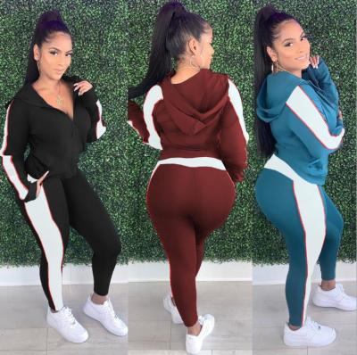 Fashion Contrast Stitching Zipper Pocket Long Sleeves Hooded Top With Trousers Two Piece Set SM9112