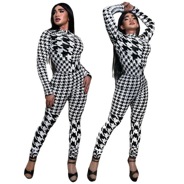 Women Houndstooth Casual Tight Jumpsuit ML7159