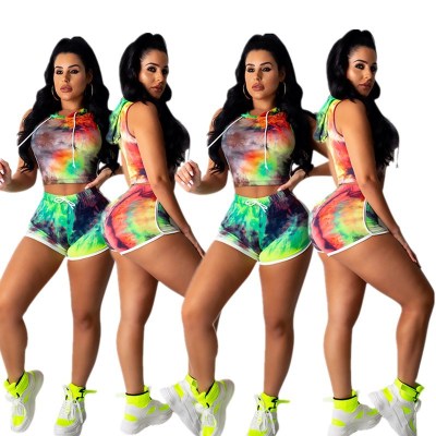 Slim Tie-Dye 2 Pieces Running Hooded Short Sets SMD7016