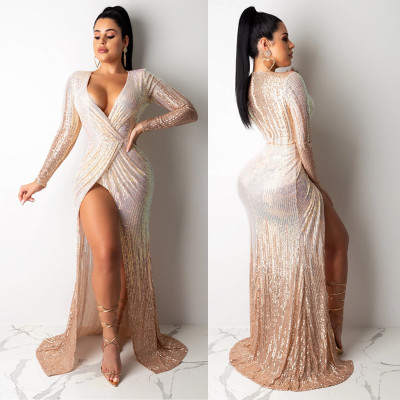 Hot Sale Ladies V Collar Sequin Floor Length Dress For Party CCY8142