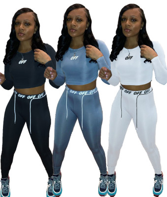 Personalized Letter Printed Round Neck Long Sleeves Mini Top With Drawstring Trousers Two Piece Set