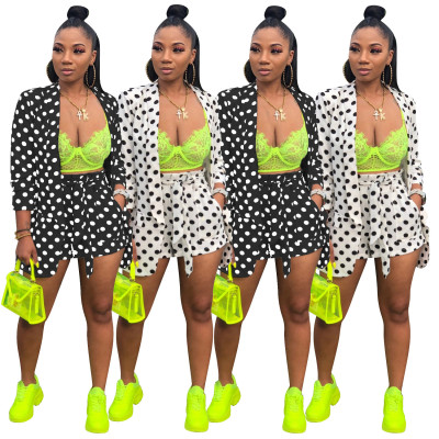 Polka Dot 2 Pieces Suits Cardigan Coat Women Shorts SDD9165