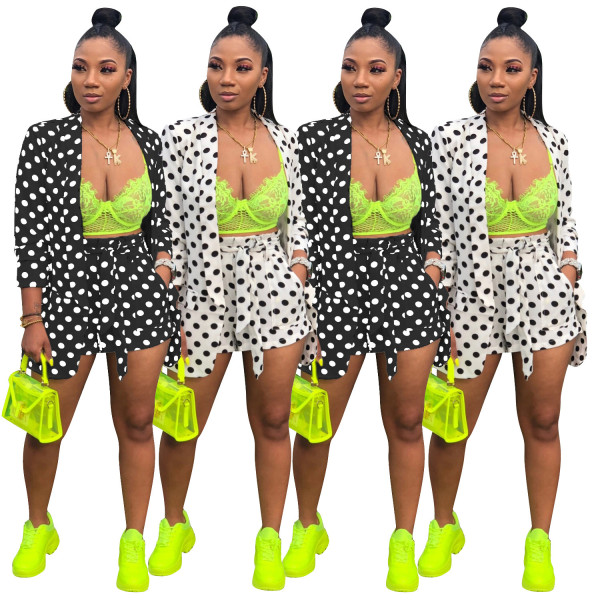 Polka Dot 2 Pieces Suits Cardigan Coat Women Shorts SDD9165