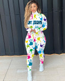 Autumn Knitting Letter Printed Zipper Long Sleeves Bodycon Jumpsuit NK175