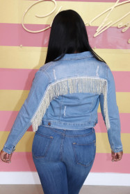 Unique Bodycon Casual Denim Button Down Tassel Jacket X9203