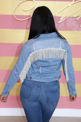 Unique Bodycon Casual Denim Button Down Tassel Jacket X9203