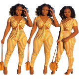Striped Yellow Short Sleeves High Waist Skinny Jumpsuit MR210