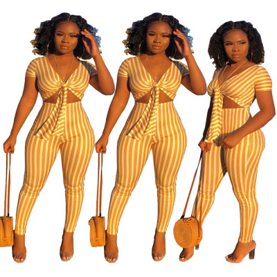 Striped Yellow Short Sleeves High Waist Skinny Jumpsuit MR210