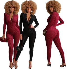Fashion solid color nightclub sexy long-sleeved jumpsuit R3048
