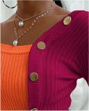 Autumn Knitting Stitching Button One Shoulder Long Sleeves Mini Top ST20209