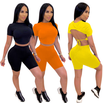 Summer sexy backless solid color two-piece suit HM5315