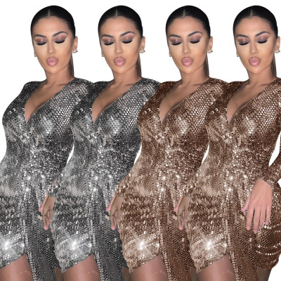 Up-To-Date Sequin Clothes Glitter V Neck Party Dress With Belt Q382
