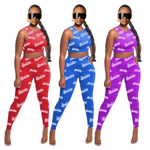 Fashion sexy letter print sleeveless suit ML7351