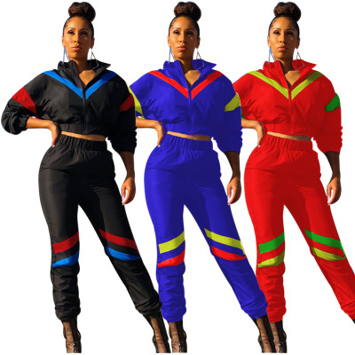 Color Patchwork Hiking Outfits Zipper Coat Slim Trousers M872