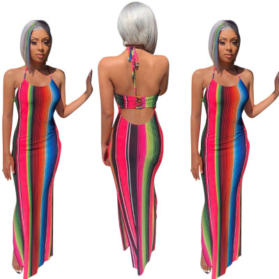 Backless Sexy Split Long Halter Neck Colorful Dress D8253