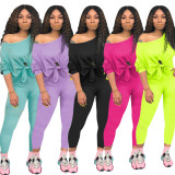 Pure Color Casual Sets Oblique Shoulder Tied T Shirt Pencil Pants X9191