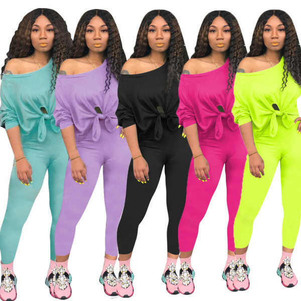 Pure Color Casual Sets Oblique Shoulder Tied T Shirt Pencil Pants X9191
