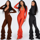 Slim Fitting Stylish V Collar Solid Color Flares Jumpsuit SM9062