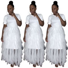 Ruffle Mesh Patchwork Round Collar White Long Dress ED8109