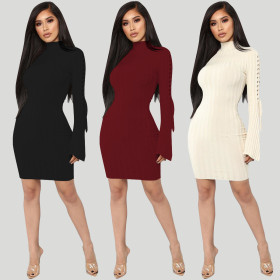 Pure Color Long Sleeves Midi Bodycon Dress ALS066