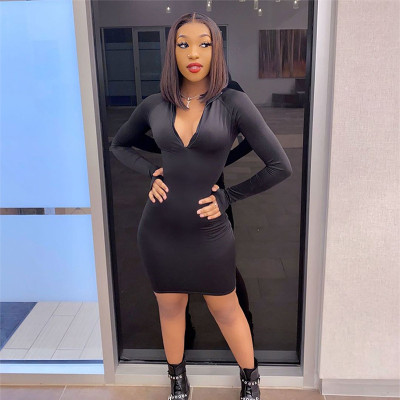 Sexy Solid Color V-Neck Long Sleeves Bodycon Mini Dress A20442D