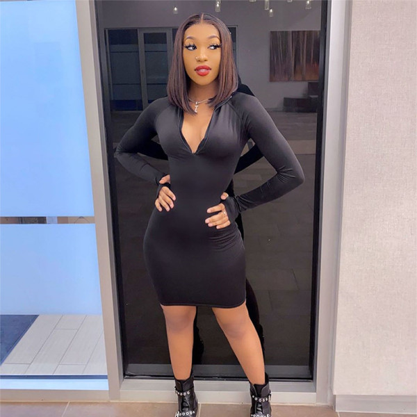 Sexy Solid Color V-Neck Long Sleeves Bodycon Mini Dress A20442D