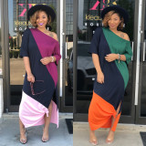 Hot Sell Color Block Loose Fitting Oblique Shoulder Dress CX019
