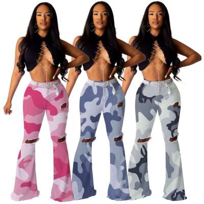 Street Style Hole Slit Fashion Camouflage Flares Pants HR8063
