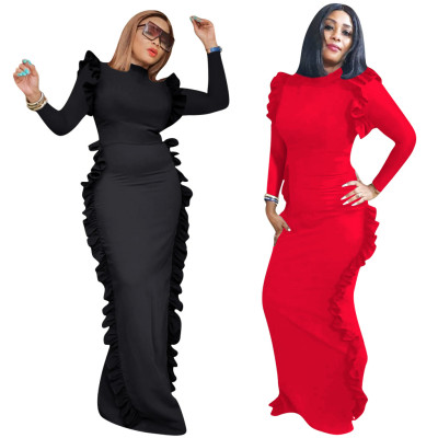 Red/Black Slim Round Collar Split Ruffle Maxi Dress QQM3855