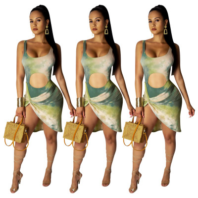 Irregular Women Tie-Dye Printing Sleeveless Short Dress SDD9123
