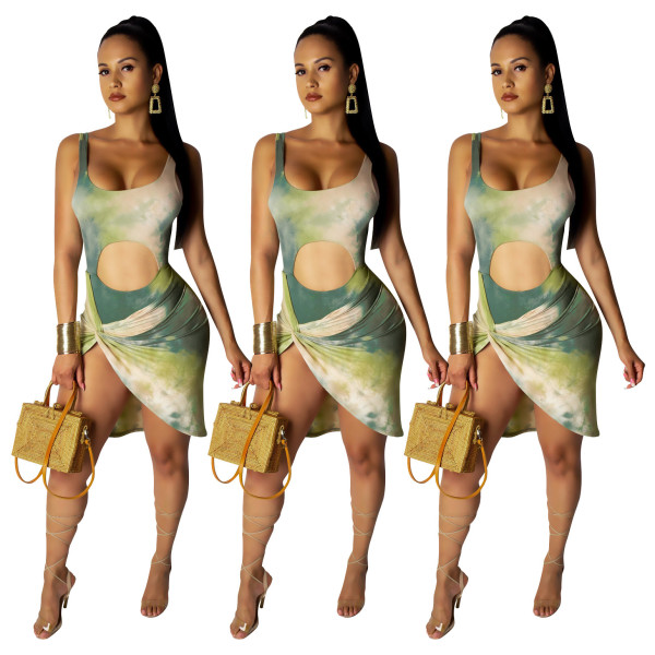Irregular Women Tie-Dye Printing Sleeveless Short Dress SDD9123