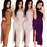 Shiny Club Split Women Single Shoulder Long Dress L0240
