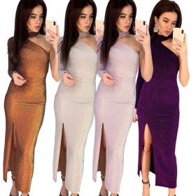 Shiny Club Split Women Single Shoulder Long Dress L0240