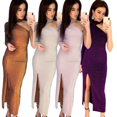 Shiny Club Split Women Single Shoulder Long Dress L0240