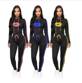 Casual Lips Printed Long Sleeves Hooded Sweater With Drawstring Trousers Two Piece Set MG1029