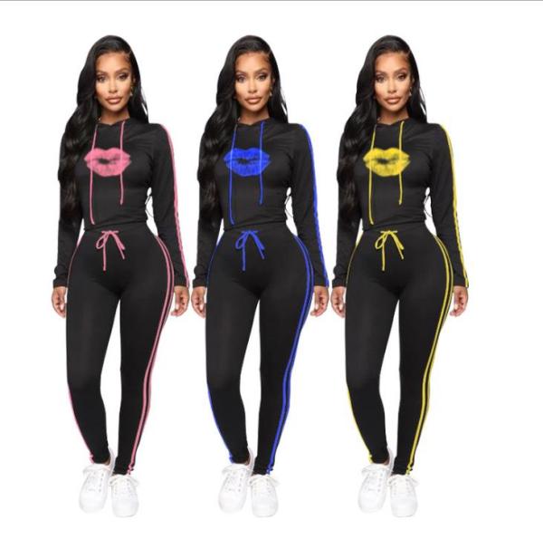 Casual Lips Printed Long Sleeves Hooded Sweater With Drawstring Trousers Two Piece Set MG1029