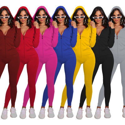 Stylish sexy hat front zipper slim fit jumpsuit with pockets WY6702