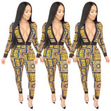 National Style Printing Deep V Neck Slinky Jumpsuit MA6135