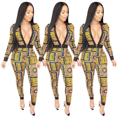 National Style Printing Deep V Neck Slinky Jumpsuit MA6135