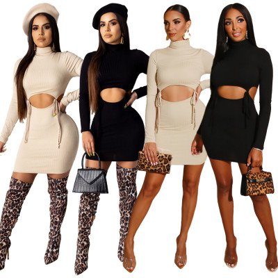 Hollow Out Bandage Solid Color Ribber High Neck Skirt Suits GL6208