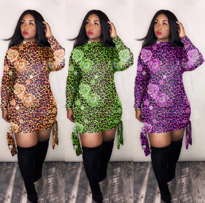 Cheap Floral Print Oversize Leopard Printing Bandage Dress LMM8087