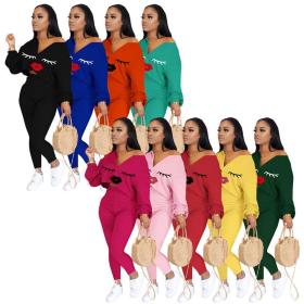 Fashion Cartoon Printed V-Neck Long Sleeves Mini Top With Trousers Two Piece Set MD353