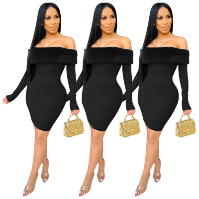Latest Ribber Splicing Fur Black Flat Shoulder Bodycon Dress SDD9194
