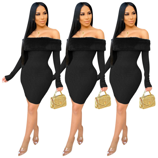 Latest Ribber Splicing Fur Black Flat Shoulder Bodycon Dress SDD9194