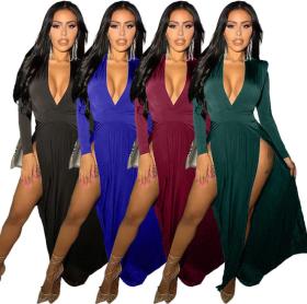 Solid color long sleeve stitching V-neck hem dress X9265