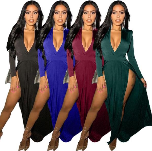 Solid color long sleeve stitching V-neck hem dress X9265