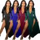 Solid color long sleeve stitching V-neck hem dress X9265