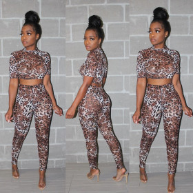 Bodycon T-Shirt Skinny Pants Leopard Print Female Outfits S6174