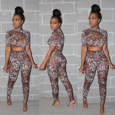 Bodycon T-Shirt Skinny Pants Leopard Print Female Outfits S6174
