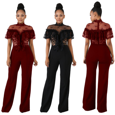 Fashion Mesh Tops Wide Leg Pants Casual Jumpsuts LA3086